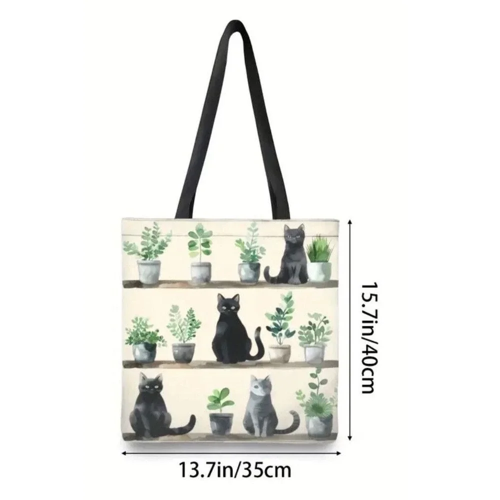 Tote Bag All over Print Black Gray Cats Plants‎ Shopping Bag New
